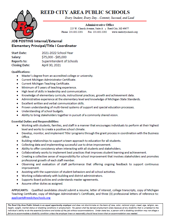 Job Posting Elementary Principal/Title I Coordinator