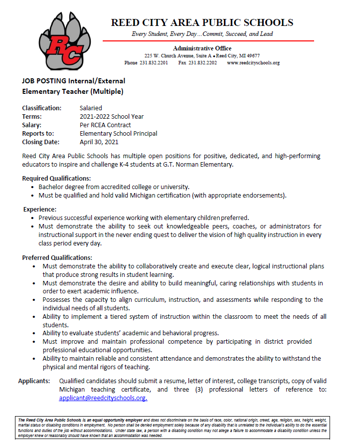 Job Posting Elementary Teachers (Multiple Positions)