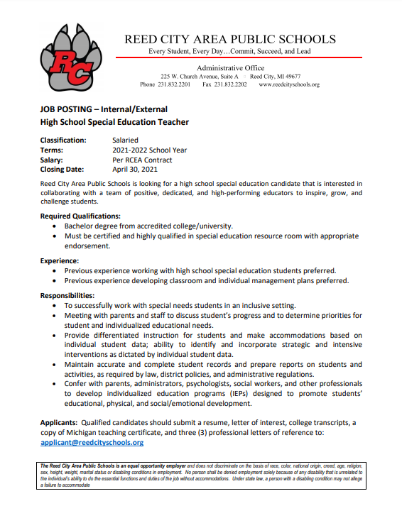 Job Posting High School Special Education