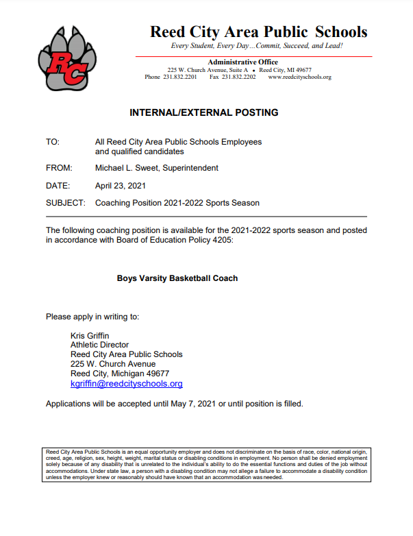 Job Posting Boys Varsity Basketball