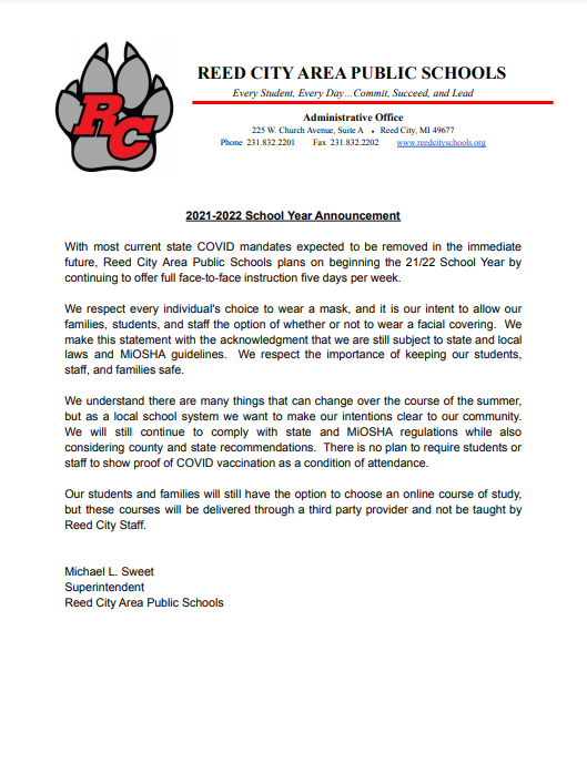 2021 - 2022 School Year Announcement